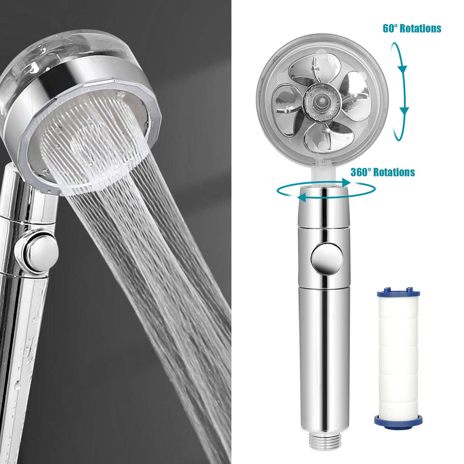 Shower Head Water Saving Flow 360 Rotating High Pressure Nozzle with Turbo  Fan | eBay